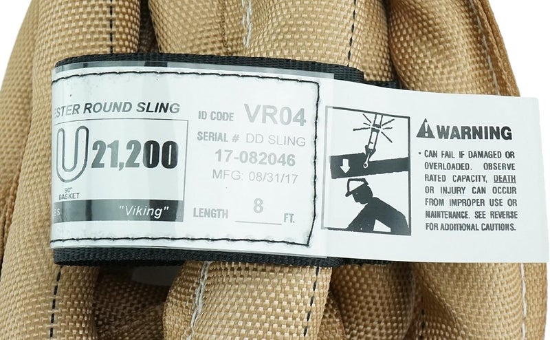 Chenango Supply VR4 8 Foot Endless Round Lifting Sling – USA Made Polyester, 10,600 lb Vertical, 8,500 lb Choker, 21,200 lb Basket – Double-Ply Cover, Tan Poly Round Rigging Sling - Image 3